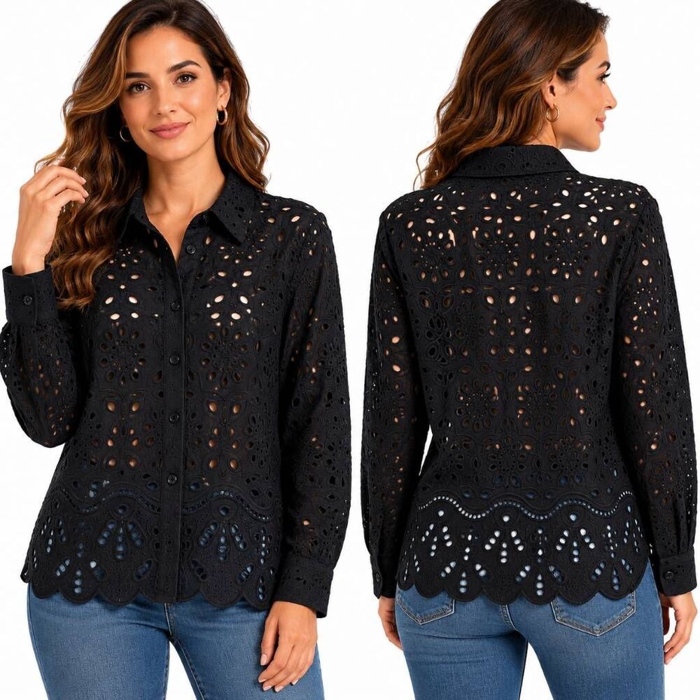 Ultra Pink Black Eyelet Lace Button Front Jacket M